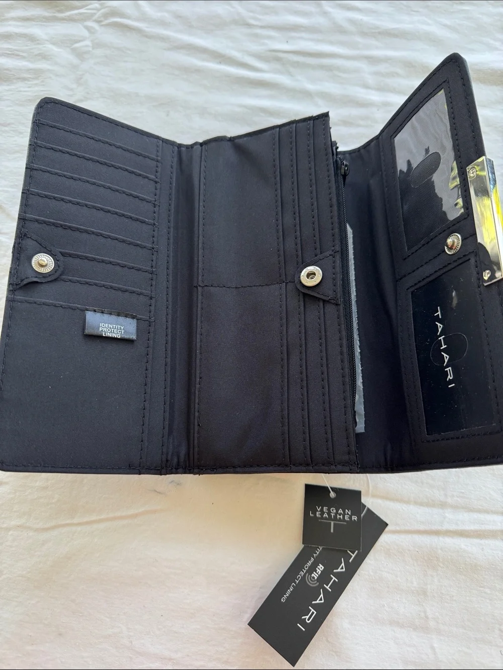 Tahari Black Wallet. RFID ID protection. Vegan Leather. Size 8”x4”